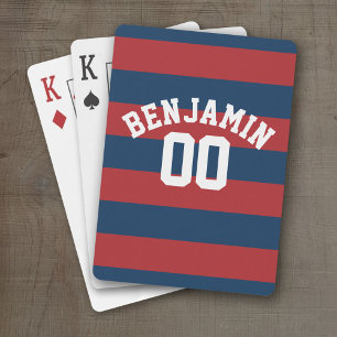 Navy Blue and Red Rugby Stripes Name Number Playing Cards