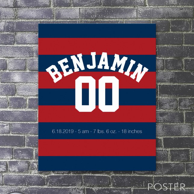 Navy Blue and Red Rugby Stripes Name Number Poster (Sport Jersey Poster)