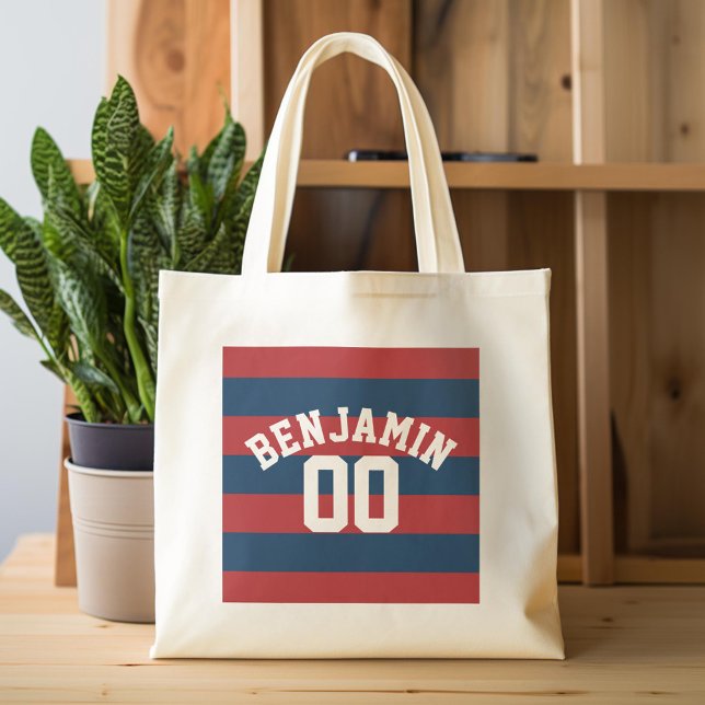 Navy Blue and Red Rugby Stripes Name Number Tote Bag (Custom Tote Bag)