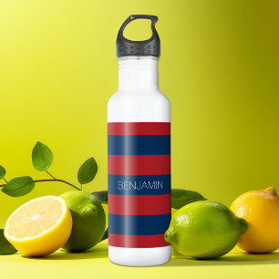 Navy Blue and Red Rugby Stripes with Custom Name 532 Ml Water Bottle