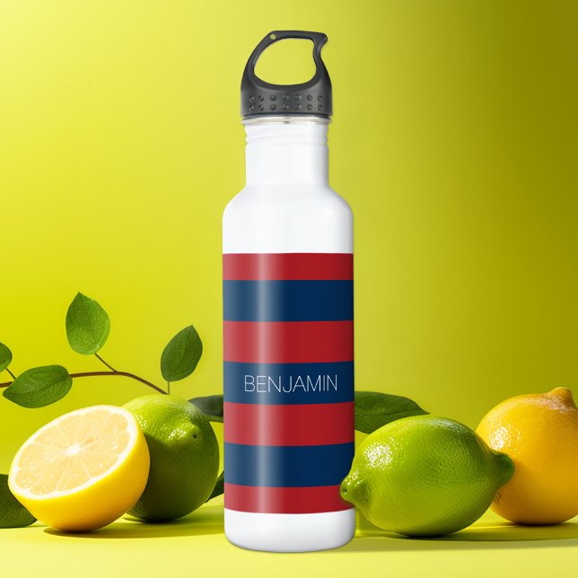 Navy Blue and Red Rugby Stripes with Custom Name 710 Ml Water Bottle (Personalized water bottle - sports design)