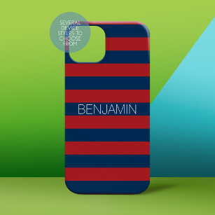 Navy Blue and Red Rugby Stripes with Custom Name Case-Mate iPhone 14 Case