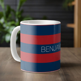 Navy Blue and Red Rugby Stripes with Custom Name Coffee Mug