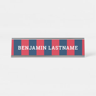 Navy Blue and Red Rugby Stripes with Custom Name Desk Name Plate
