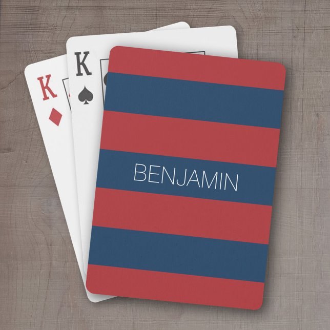 Navy Blue and Red Rugby Stripes with Custom Name Playing Cards (Personalized playing cards - sporty, preppy stripe pattern with name. Great gift for the guys!)