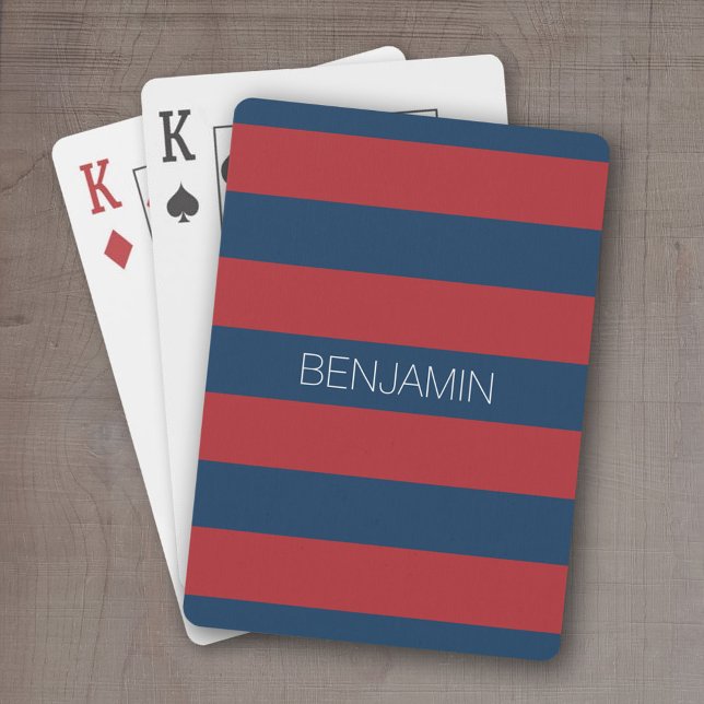 Navy Blue and Red Rugby Stripes with Custom Name Playing Cards (Personalized playing cards - sporty, preppy stripe pattern with name. Great gift for the guys!)