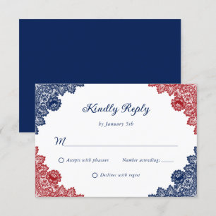 Navy Blue and Red Rustic Floral Lace Wedding RSVP Card
