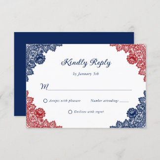 Navy Blue and Red Rustic Floral Lace Wedding RSVP Card