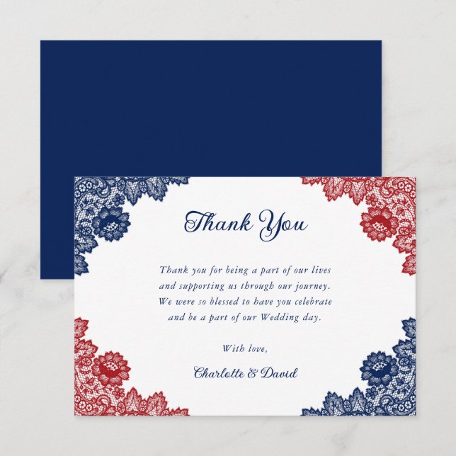 Navy Blue and Red Rustic Floral Lace Wedding Thank You Card (Front/Back)