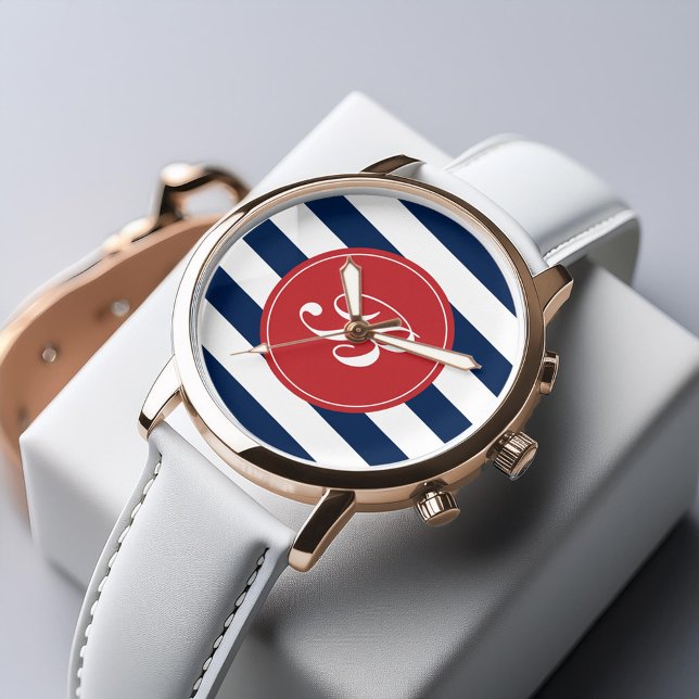 Navy Blue and Red Stripes Pattern Monogram Watch (Creator Uploaded)
