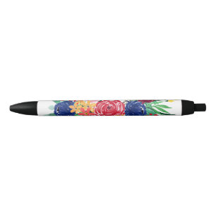 Navy Blue and Red watercolor boho chic Flowers Black Ink Pen
