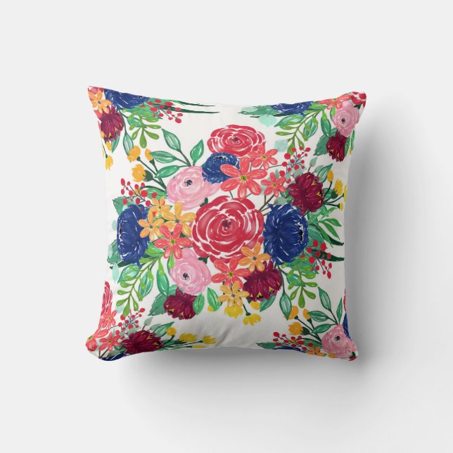 Navy Blue and Red watercolor boho chic Flowers Cushion (Front)