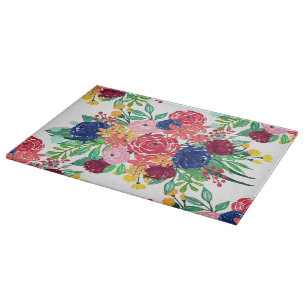 Navy Blue and Red watercolor boho chic Flowers Cutting Board