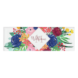 Navy Blue and Red watercolor boho chic Flowers Name Tag