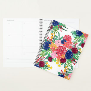 Navy Blue and Red watercolor boho chic Flowers Planner