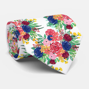 Navy Blue and Red watercolor boho chic Flowers Tie