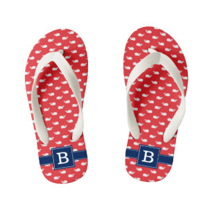 Navy Blue and Red Whales Square Monogram Kid's Flip Flops