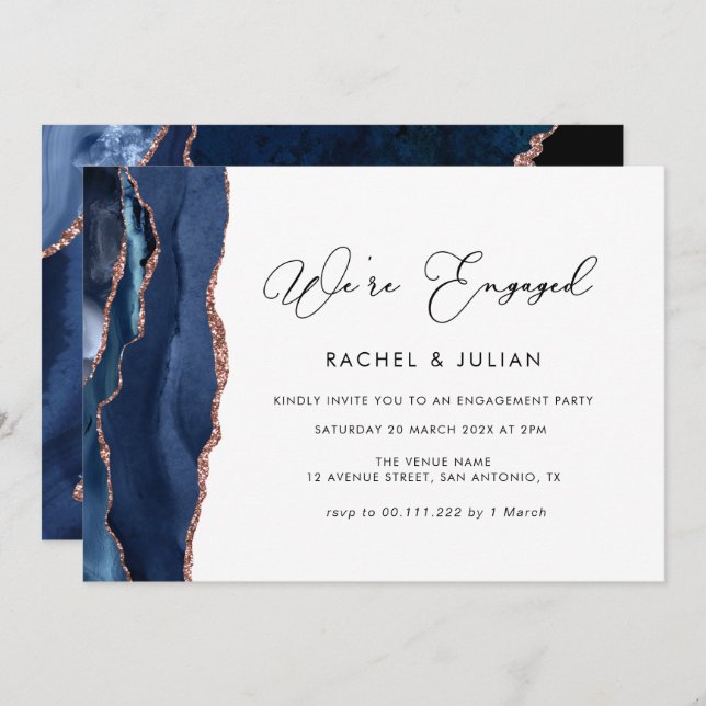 navy blue and rose gold agate engagement party invitation (Front/Back)