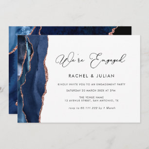 navy blue and rose gold agate engagement party invitation