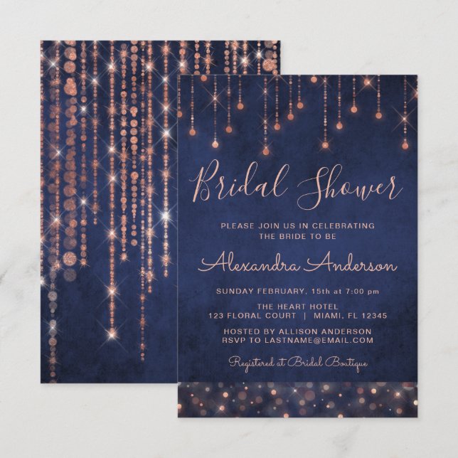 Navy Blue and Rose Gold Bridal Shower Invitation (Front/Back)
