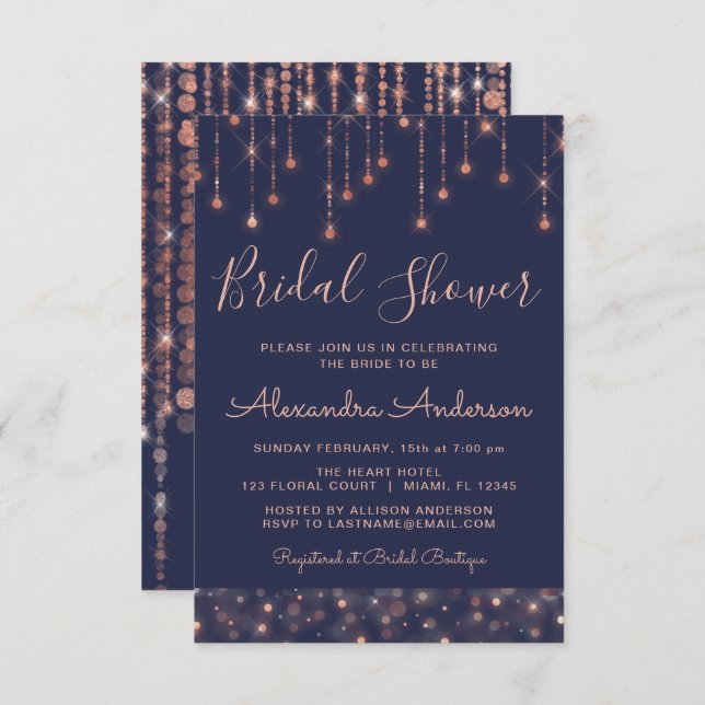 Navy Blue and Rose Gold Bridal Shower Invitation (Front/Back)