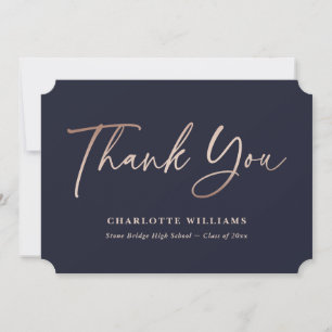 Navy Blue and Rose Gold Elegant Script Graduation Thank You Card