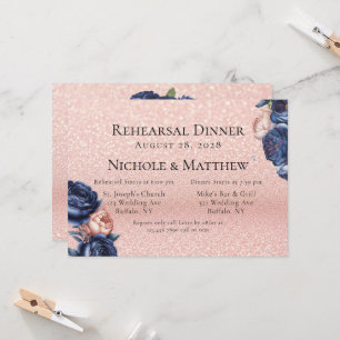 Navy Blue and Rose Gold Flora Rehearsal Dinner Invitation