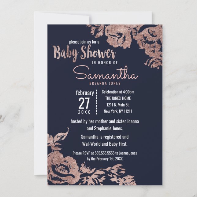 Navy Blue and Rose Gold Floral Baby Shower Invitation (Front)