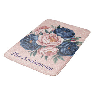 Navy Blue and Rose Gold Floral Bath Mat