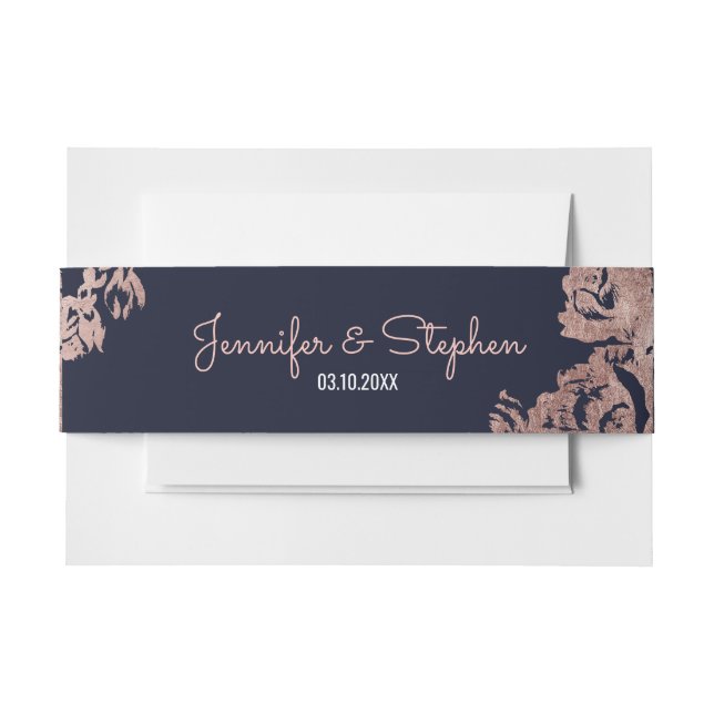 Navy Blue and Rose Gold Floral Belly Band Invitation Belly Band (Front Example)