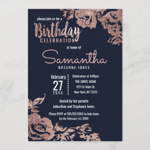 Navy Blue and Rose Gold Floral Birthday Party Invitation