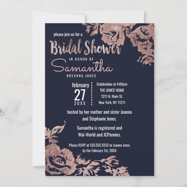 Navy Blue and Rose Gold Floral Bridal Shower Invitation (Front)