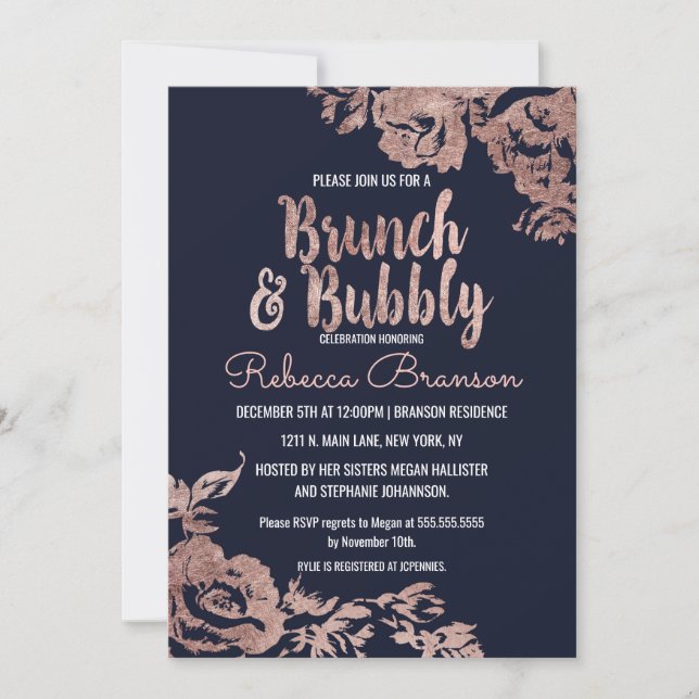 Navy Blue and Rose Gold Floral Brunch and Bubbly Invitation (Front)