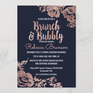 Navy Blue and Rose Gold Floral Brunch and Bubbly Invitation