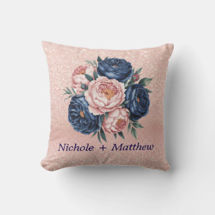 Navy Blue and Rose Gold Floral Cushion