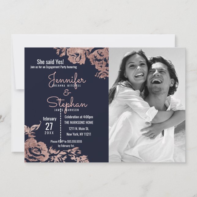 Navy Blue and Rose Gold Floral Engagement Invitation (Front)