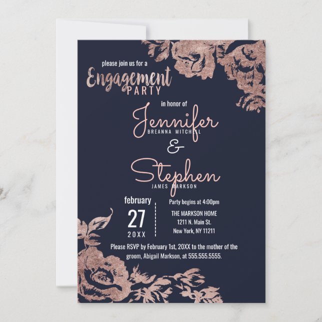 Navy Blue and Rose Gold Floral Engagement Party Invitation (Front)