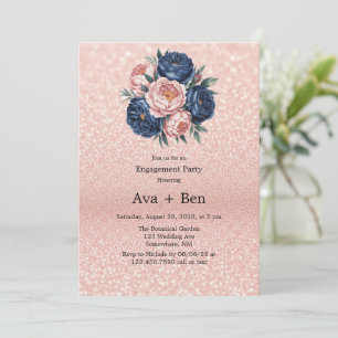 Navy Blue and Rose Gold Floral Engagement Party Invitation