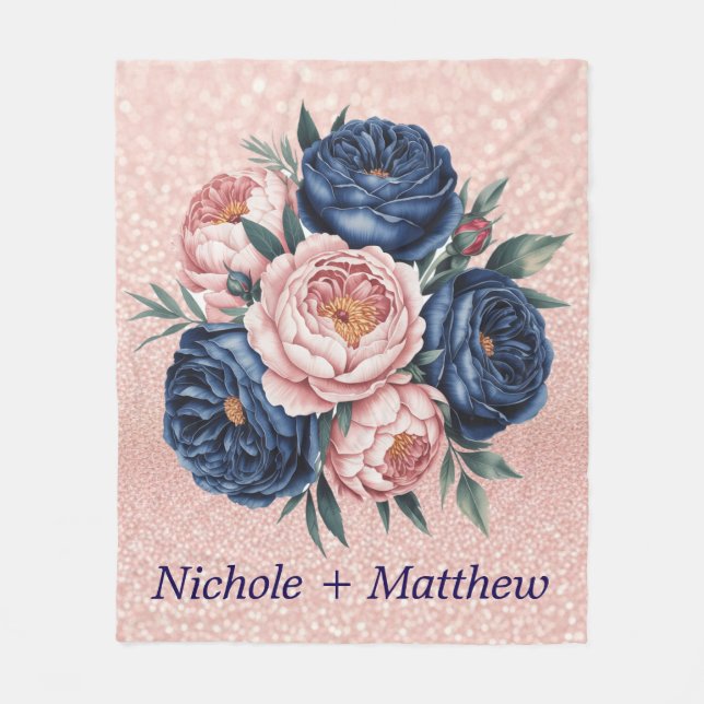 Navy Blue and Rose Gold Floral Fleece Blanket (Front)