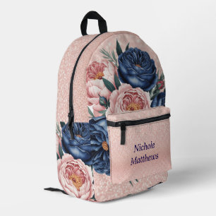Navy Blue and Rose Gold Floral Printed Backpack