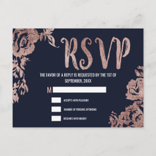Navy Blue and Rose Gold Floral RSVP Invitation Postcard