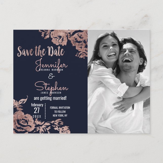 Navy Blue and Rose Gold Floral Save the Date Announcement Postcard (Front)