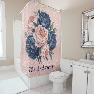 Navy Blue and Rose Gold Floral Shower Curtain