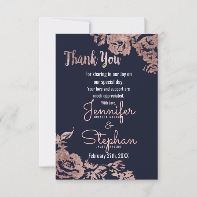 Navy Blue and Rose Gold Floral Thank You Card (Front)