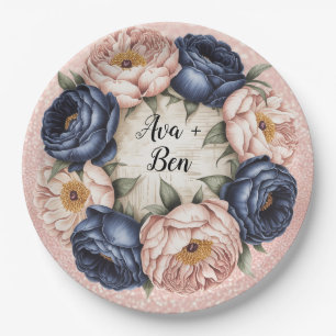 Navy Blue and Rose Gold Floral Wedding Paper Plate