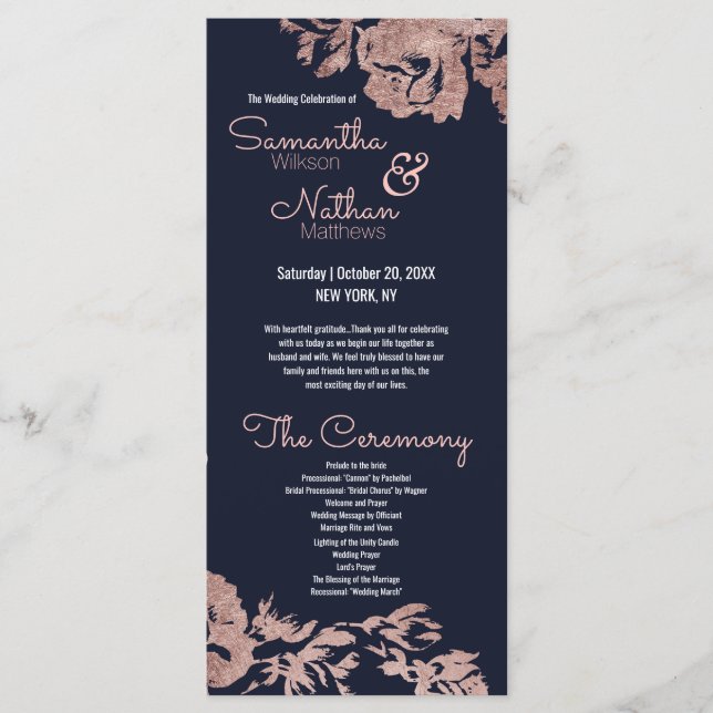 Navy Blue and Rose Gold Floral Wedding Program Programme (Front)