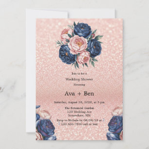 Navy Blue and Rose Gold Floral Wedding Shower Invitation