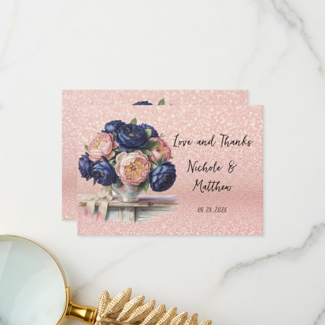 Navy Blue and Rose Gold Floral Wedding  Thank You Card (Front/Back In Situ)