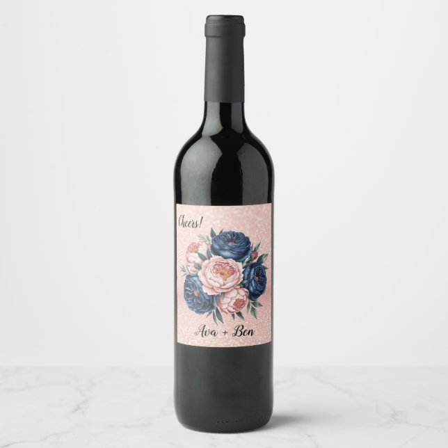 Navy Blue and Rose Gold Floral Wedding  Wine Label (Front)