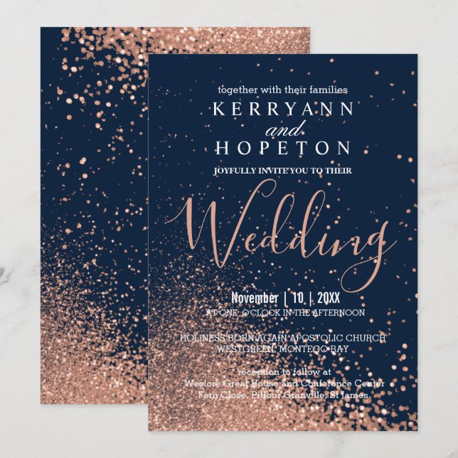 Navy Blue and Rose Gold Glitter  Invitation (Front/Back)